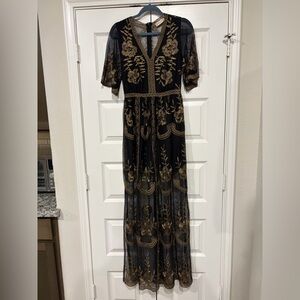Altar’d State Black Lace Designer Gold Embroidered Lined Maxi Dress Size Small